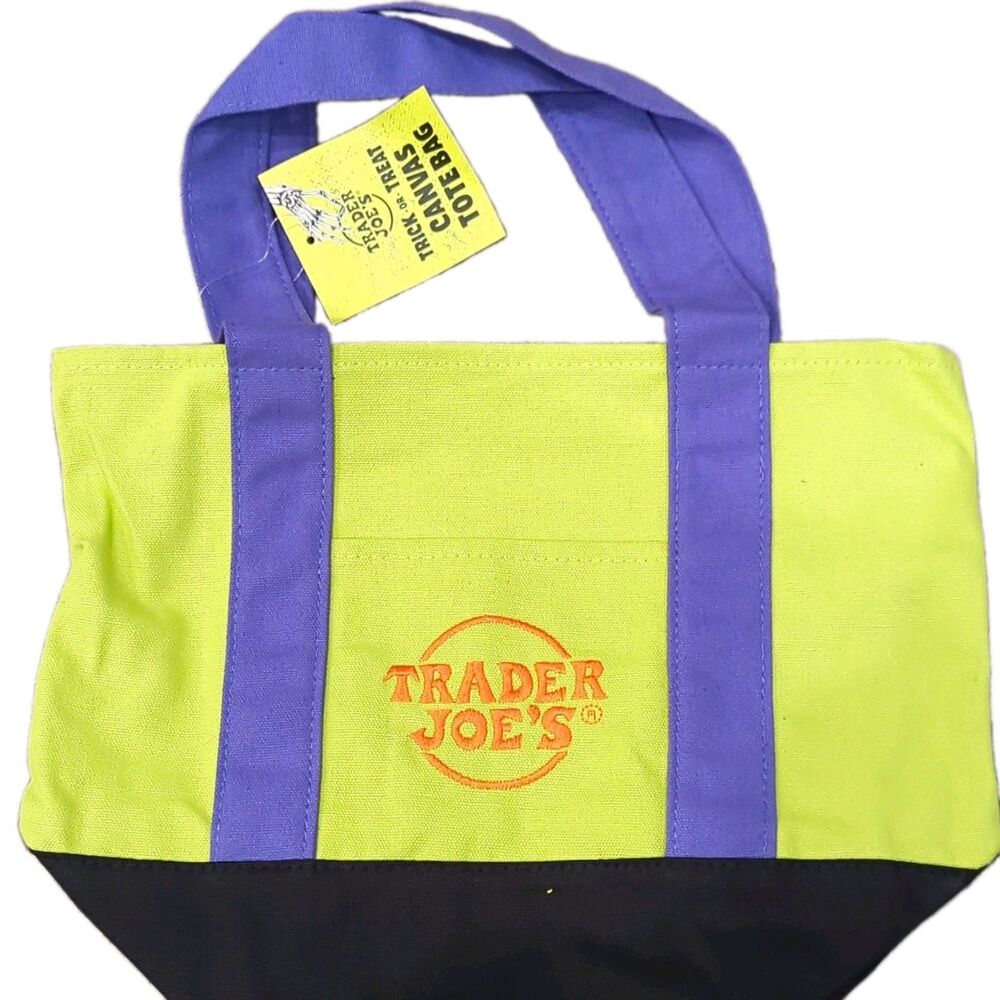 NEW Trader Joe's Trick or Treat Canvas Tote Bag Yellow Purple Black 10.5 x 13.5